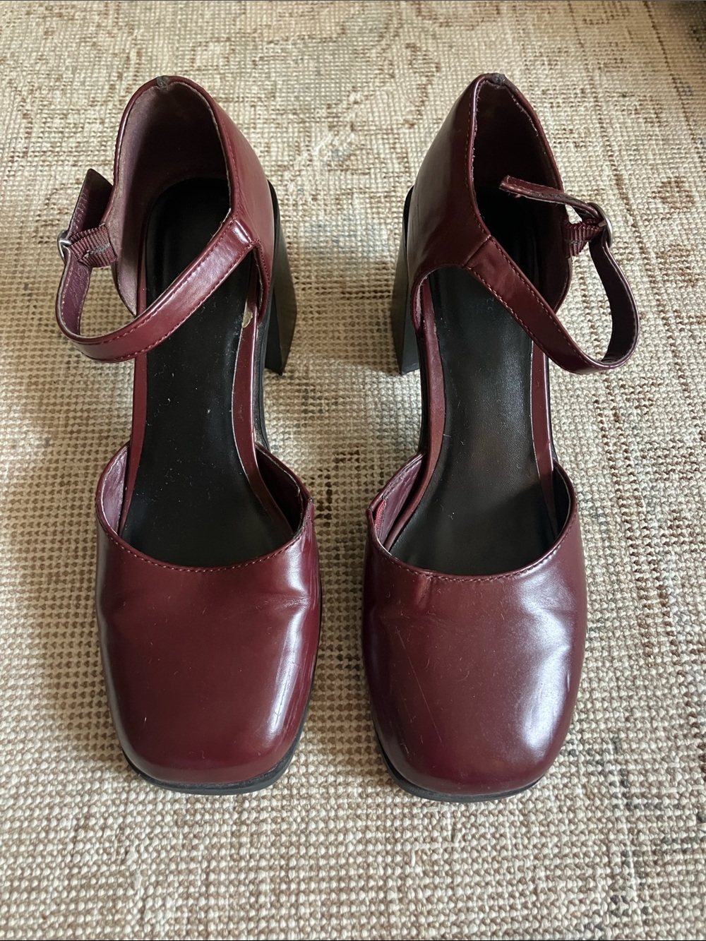 Seychelles Burgundy Square-Toe Mary Jane Heels with Ankle Strap